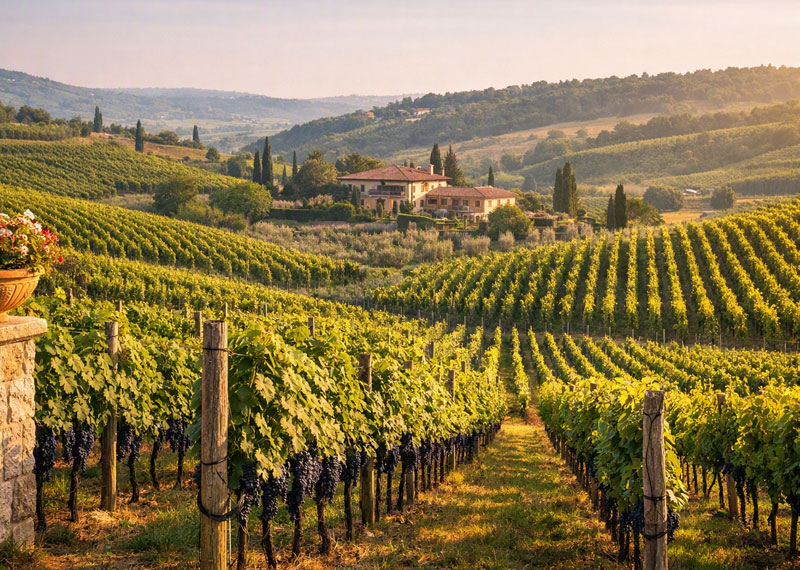 Filari di vite in collina al tramonto, con una tenuta sullo sfondo